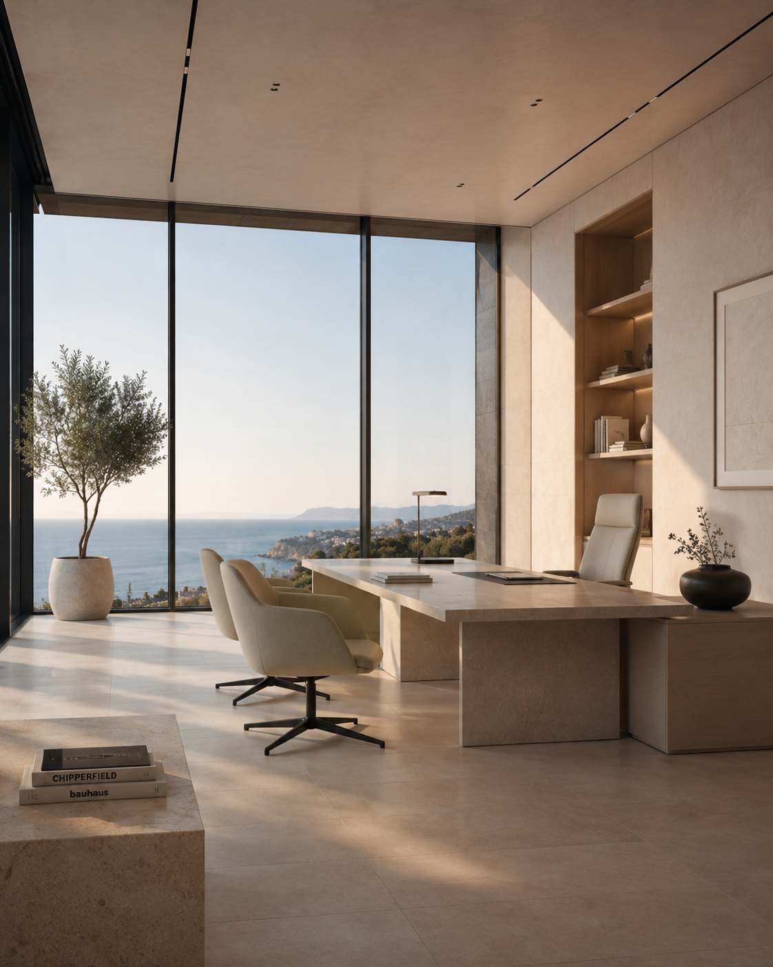 Imagen oficina minimalista con vistas al mar